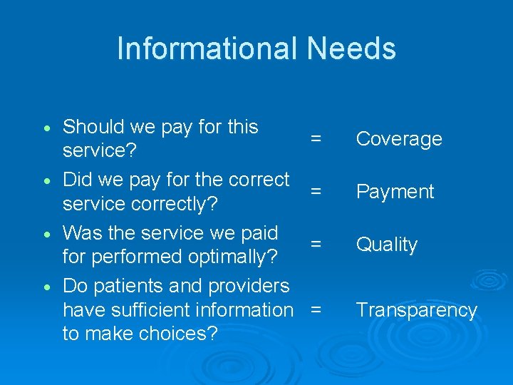 Informational Needs Should we pay for this service? Did we pay for the correct
