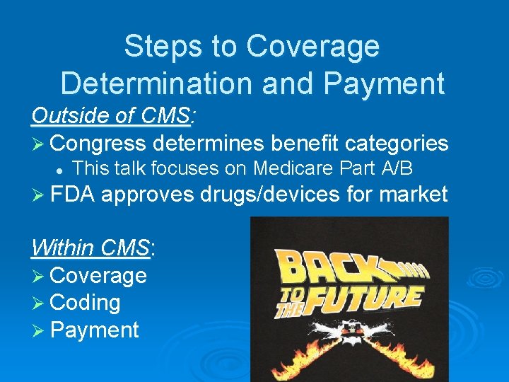 Steps to Coverage Determination and Payment Outside of CMS: Ø Congress determines benefit categories