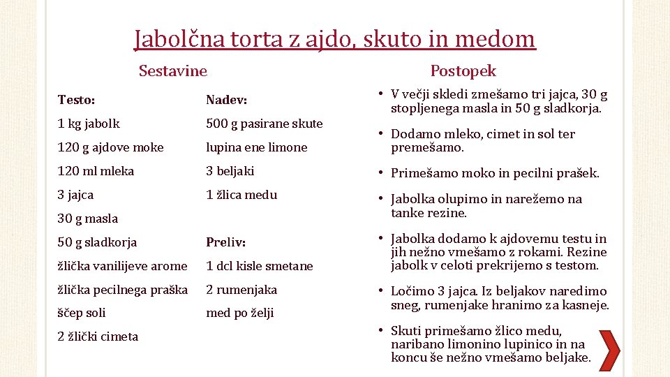 Jabolčna torta z ajdo, skuto in medom Sestavine Postopek • V večji skledi zmešamo