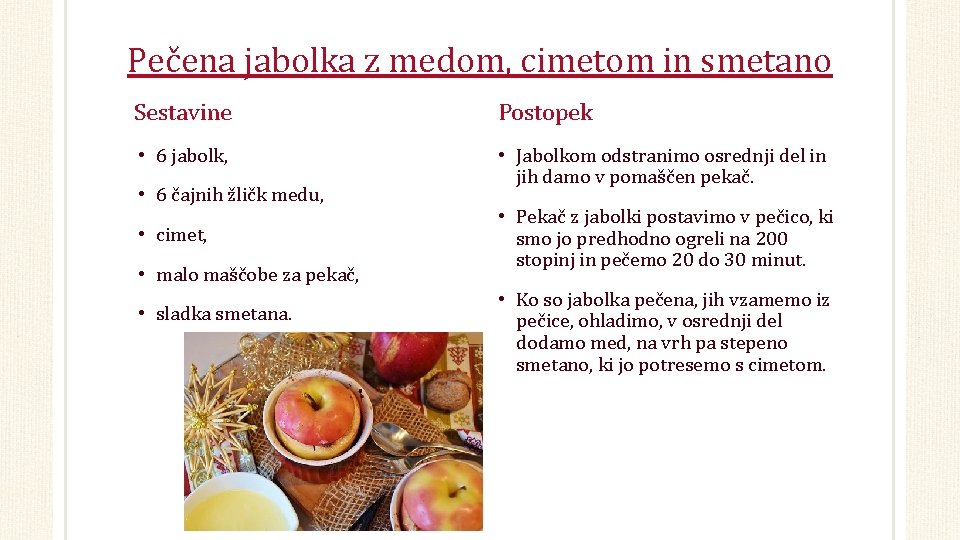 Pečena jabolka z medom, cimetom in smetano Sestavine Postopek • 6 jabolk, • Jabolkom