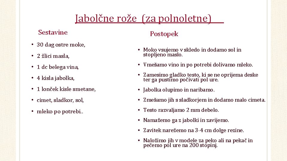 Jabolčne rože (za polnoletne) Sestavine • 30 dag ostre moke, Postopek • 2 žlici Jabolčne rože (za polnoletne) Sestavine • 30 dag ostre moke, Postopek • 2 žlici