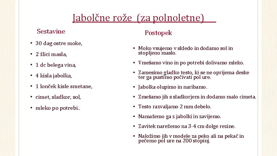 Jabolčne rože (za polnoletne) Sestavine • 30 dag ostre moke, Postopek • 2 žlici