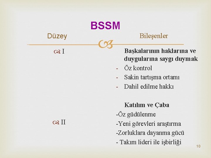 BSSM Düzey I II Bileşenler Başkalarının haklarına ve duygularına saygı duymak - Öz kontrol