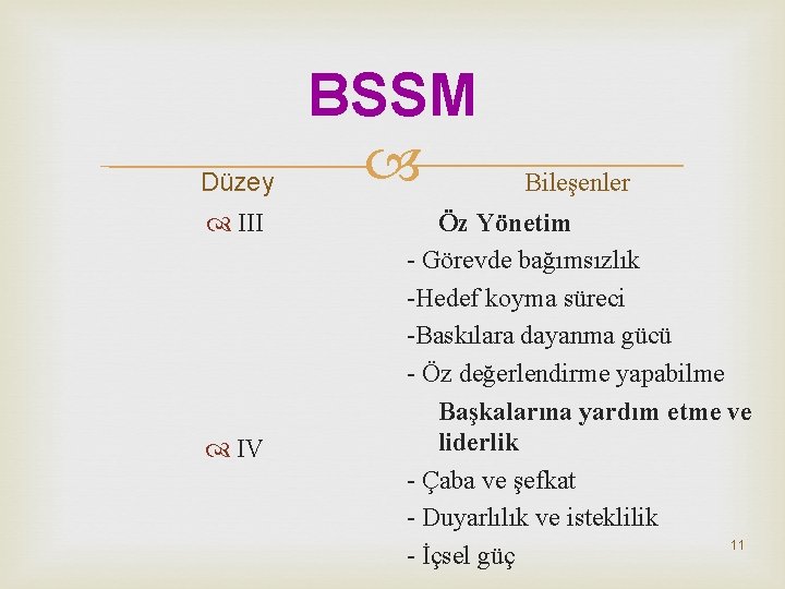 Düzey III IV BSSM Bileşenler Öz Yönetim - Görevde bağımsızlık -Hedef koyma süreci -Baskılara