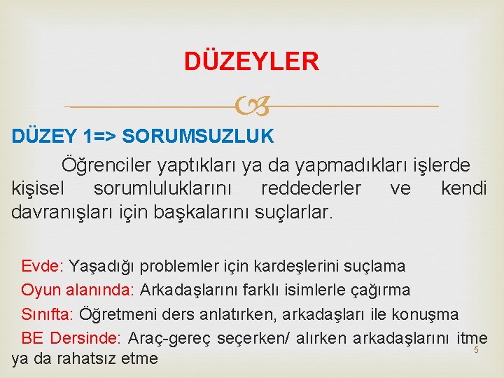 DÜZEYLER DÜZEY 1=> SORUMSUZLUK Öğrenciler yaptıkları ya da yapmadıkları işlerde kişisel sorumluluklarını reddederler ve