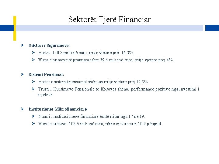 Sektorët Tjerë Financiar Ø Sektori i Sigurimeve: Ø Asetet: 120. 2 milionë euro, rritje