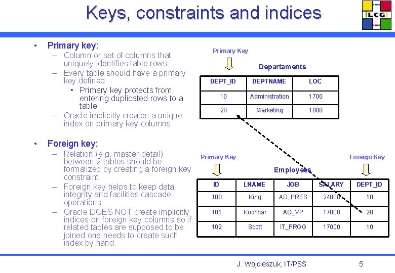 Keys, constraints and indices • • Primary key: – Column or set of columns