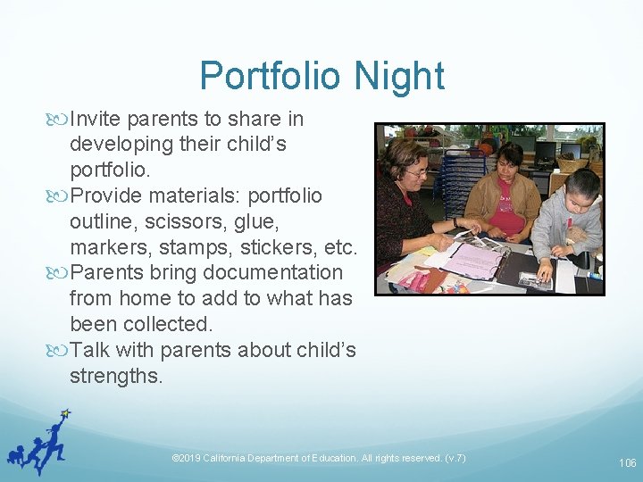 Portfolio Night Invite parents to share in developing their child’s portfolio. Provide materials: portfolio