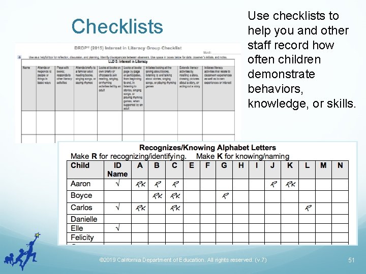 Checklists Use checklists to help you and other staff record how often children demonstrate