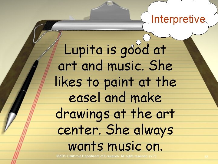 Interpretive Lupita is good at art and music. She likes to paint at the