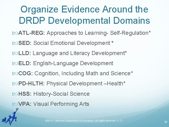 Organize Evidence Around the DRDP Developmental Domains ATL-REG: Approaches to Learning- Self-Regulation* SED: Social