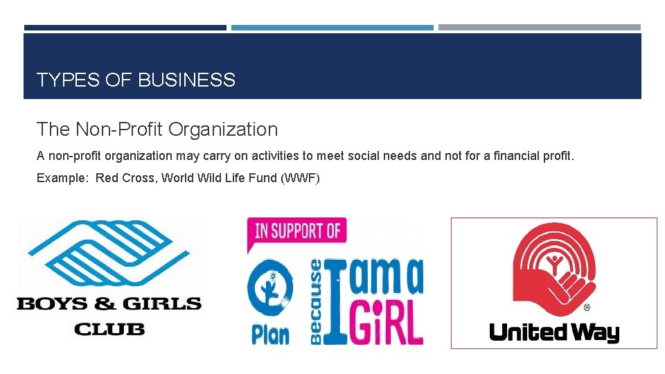 TYPES OF BUSINESS The Non-Profit Organization A non-profit organization may carry on activities to