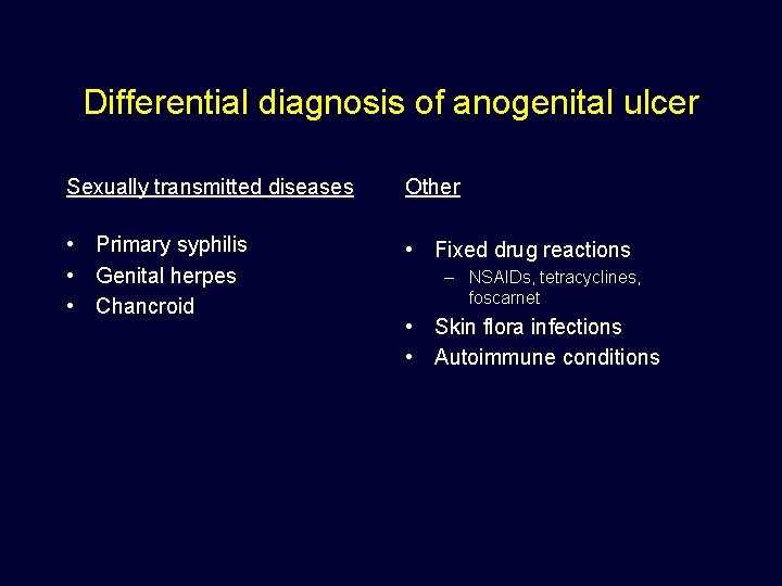 Differential diagnosis of anogenital ulcer Sexually transmitted diseases Other • Primary syphilis • Genital