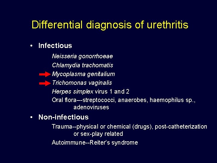 Differential diagnosis of urethritis • Infectious Neisseria gonorrhoeae Chlamydia trachomatis Mycoplasma genitalium Trichomonas vaginalis