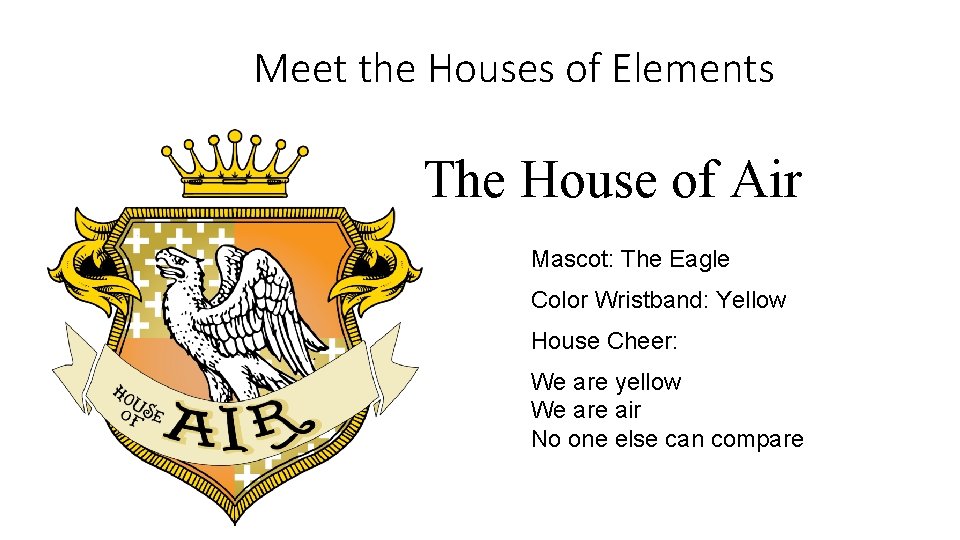 Meet the Houses of Elements The House of Air Mascot: The Eagle Color Wristband: