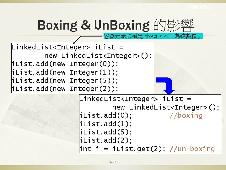 Generics Boxing & Un. Boxing 的影響 容器元素必須是 object（不可為純數值） Linked. List<Integer> i. List = new