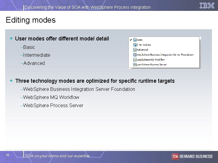 Discovering the Value of SOA with Web. Sphere Process Integration Editing modes § User