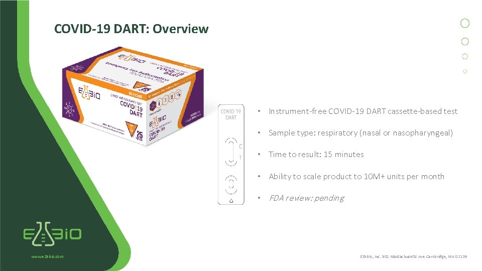 COVID-19 DART: Overview • Instrument-free COVID-19 DART cassette-based test • Sample type: respiratory (nasal