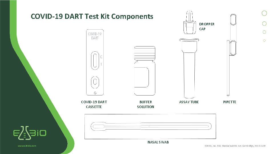 COVID-19 DART Test Kit Components DROPPER CAP COVID-19 DART CASSETTE www. e 25 bio.