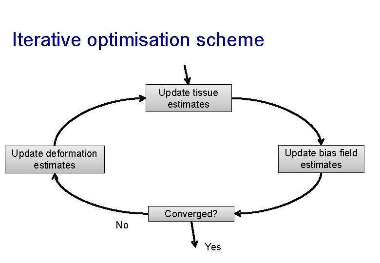 Iterative optimisation scheme Update tissue estimates Update bias field estimates Update deformation estimates Converged?