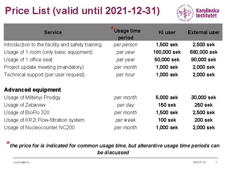 Price List (valid until 2021 -12 -31) *Usage time Service period person KI user