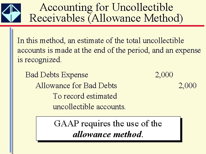 Accounting for Uncollectible Receivables (Allowance Method) In this method, an estimate of the total