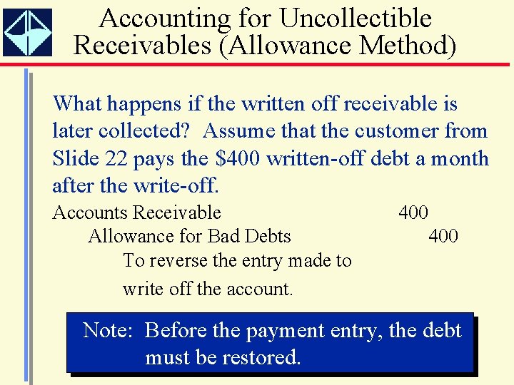 Accounting for Uncollectible Receivables (Allowance Method) What happens if the written off receivable is