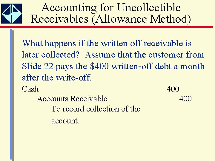 Accounting for Uncollectible Receivables (Allowance Method) What happens if the written off receivable is