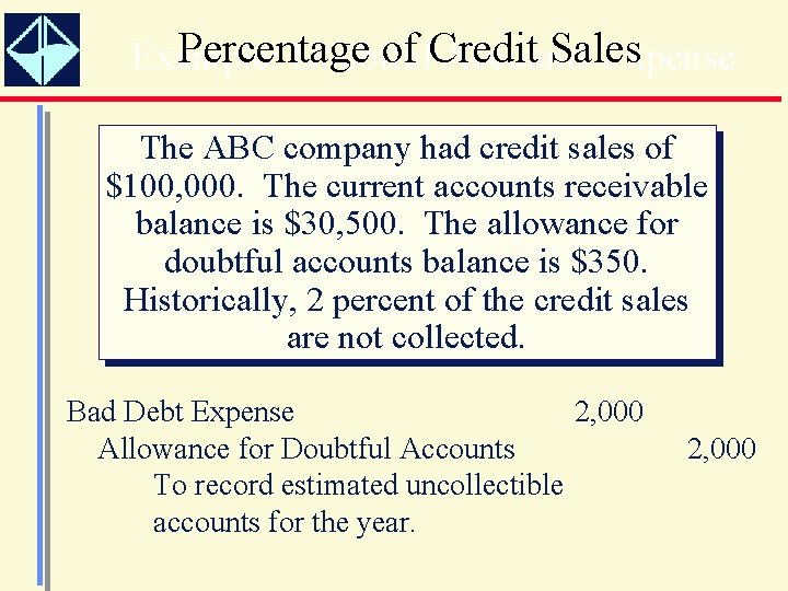 Percentage of Credit Sales Example: Doubtful Accounts Expense The ABC company had credit sales