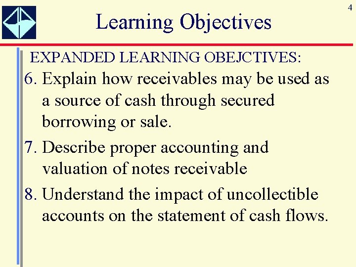 Learning Objectives EXPANDED LEARNING OBEJCTIVES: 6. Explain how receivables may be used as a