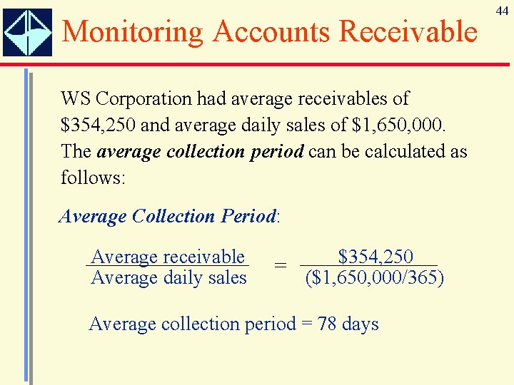 Monitoring Accounts Receivable WS Corporation had average receivables of $354, 250 and average daily