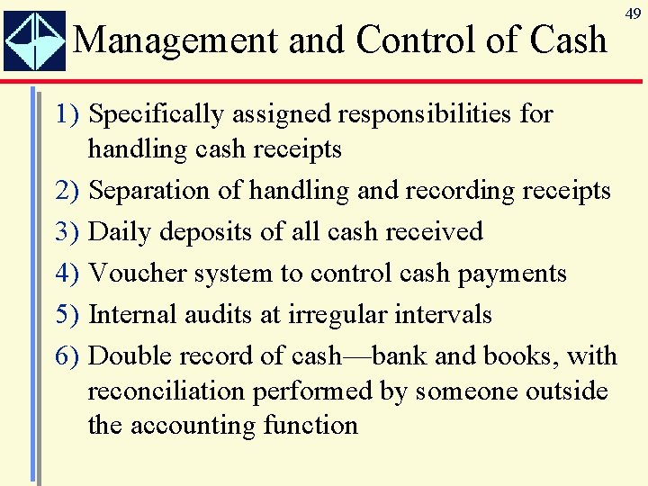 Management and Control of Cash 1) Specifically assigned responsibilities for handling cash receipts 2)
