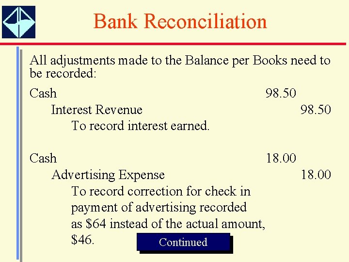 Bank Reconciliation All adjustments made to the Balance per Books need to be recorded: