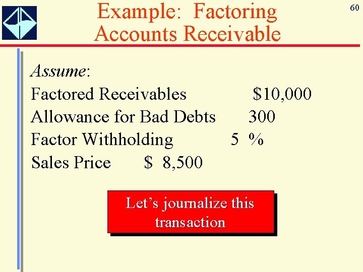 Example: Factoring Accounts Receivable Assume: Factored Receivables $10, 000 Allowance for Bad Debts 300