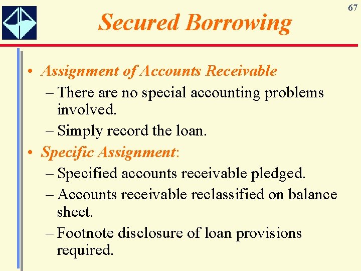 Secured Borrowing • Assignment of Accounts Receivable – There are no special accounting problems