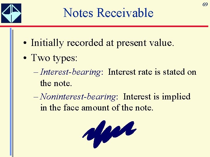 Notes Receivable • Initially recorded at present value. • Two types: – Interest-bearing: Interest