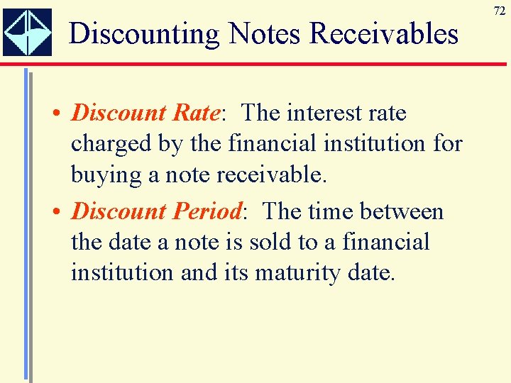 Discounting Notes Receivables • Discount Rate: The interest rate charged by the financial institution