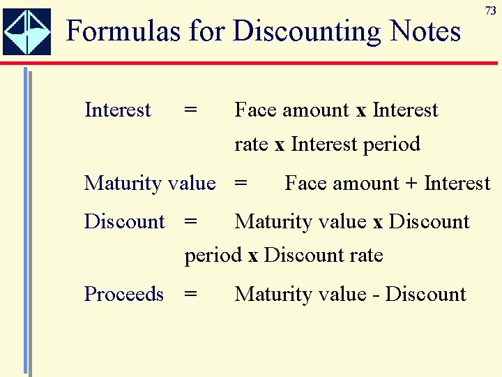 Formulas for Discounting Notes Interest = 73 Face amount x Interest rate x Interest