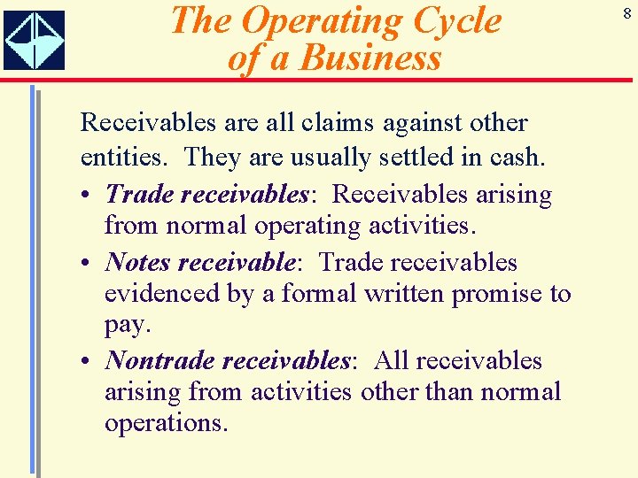 The Operating Cycle of a Business Receivables are all claims against other entities. They