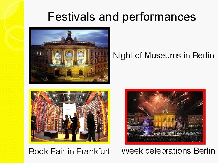 Festivals and performances Night of Museums in Berlin Book Fair in Frankfurt Week celebrations