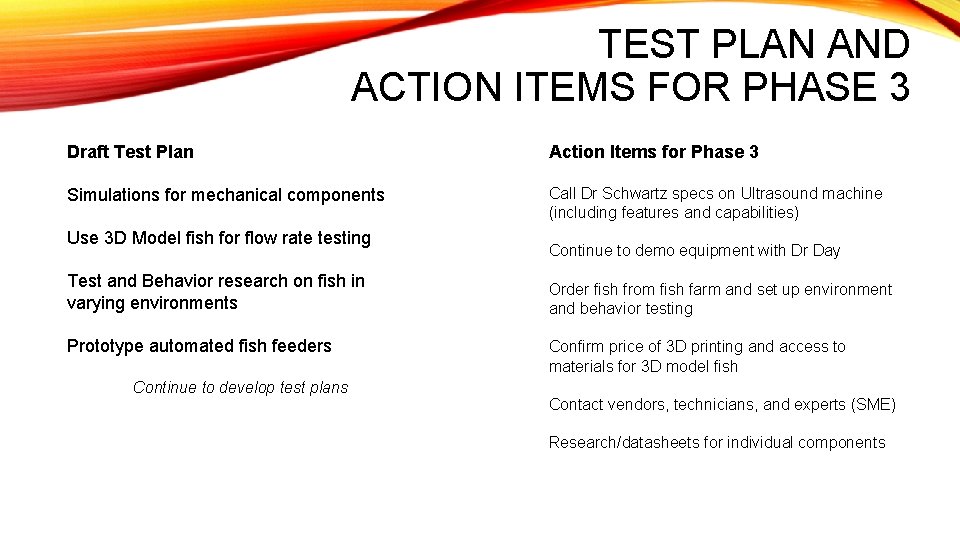 TEST PLAN AND ACTION ITEMS FOR PHASE 3 Draft Test Plan Action Items for