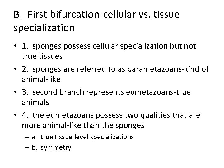 B. First bifurcation-cellular vs. tissue specialization • 1. sponges possess cellular specialization but not