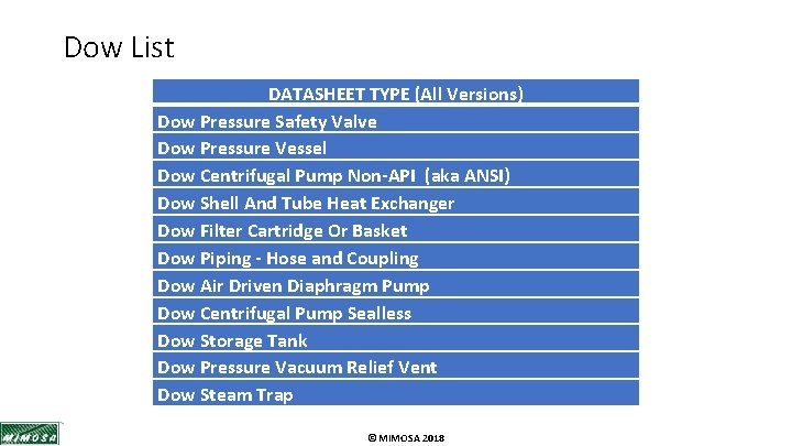 Dow List DATASHEET TYPE (All Versions) Dow Pressure Safety Valve Dow Pressure Vessel Dow