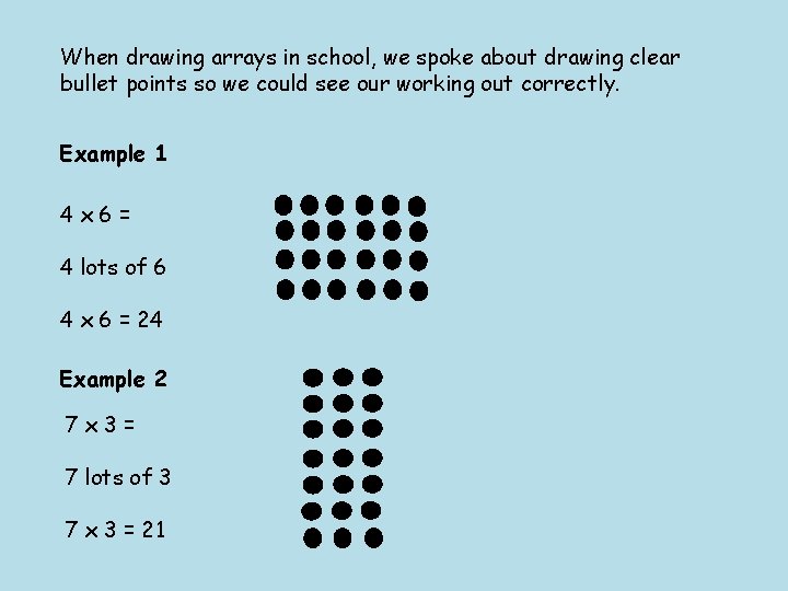 When drawing arrays in school, we spoke about drawing clear bullet points so we When drawing arrays in school, we spoke about drawing clear bullet points so we