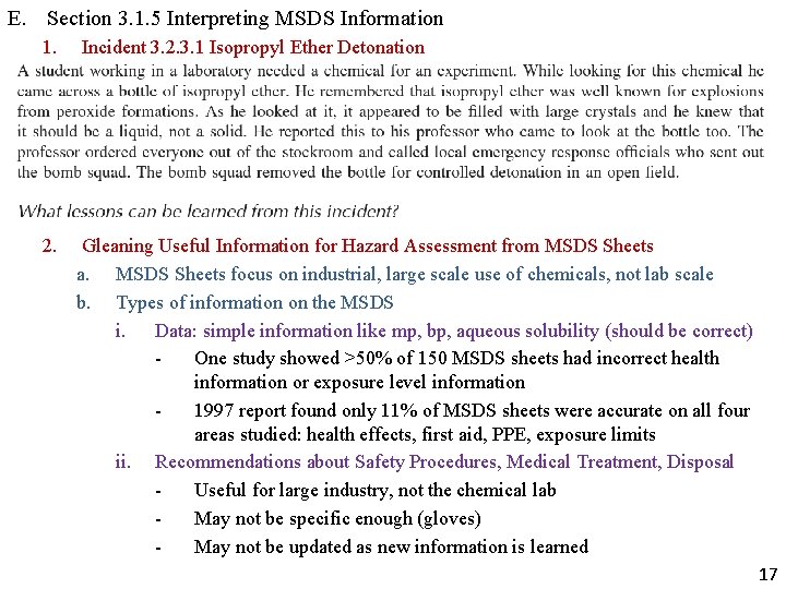 E. Section 3. 1. 5 Interpreting MSDS Information 1. Incident 3. 2. 3. 1 E. Section 3. 1. 5 Interpreting MSDS Information 1. Incident 3. 2. 3. 1