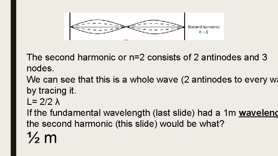 The second harmonic or n=2 consists of 2 antinodes and 3 nodes. We can