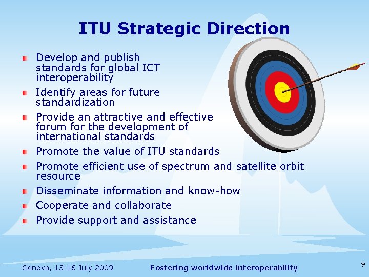 ITU Strategic Direction Develop and publish standards for global ICT interoperability Identify areas for