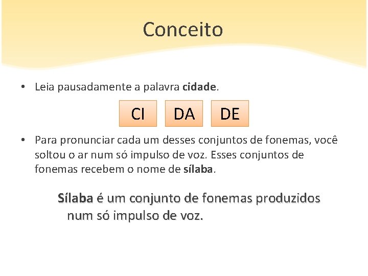 Conceito • Leia pausadamente a palavra cidade. CI DA DE • Para pronunciar cada