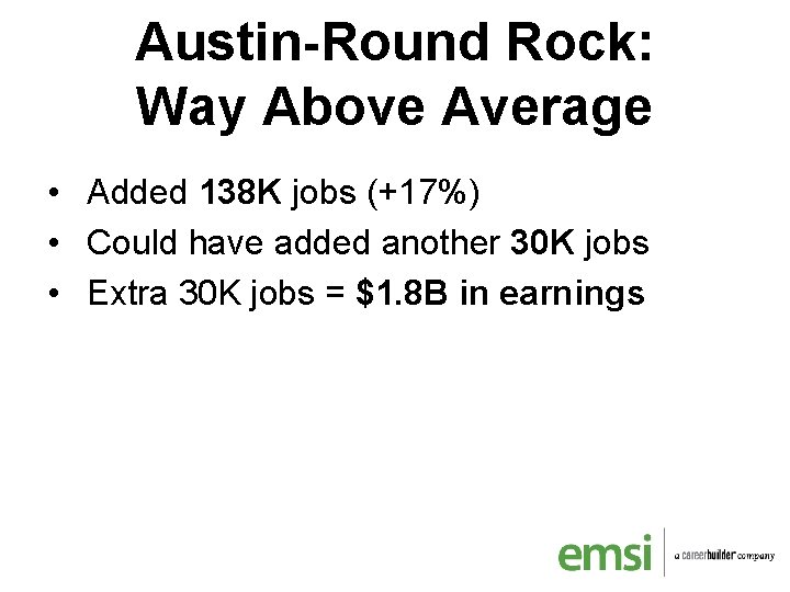 Austin-Round Rock: Way Above Average • Added 138 K jobs (+17%) • Could have