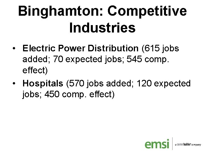 Binghamton: Competitive Industries • Electric Power Distribution (615 jobs added; 70 expected jobs; 545